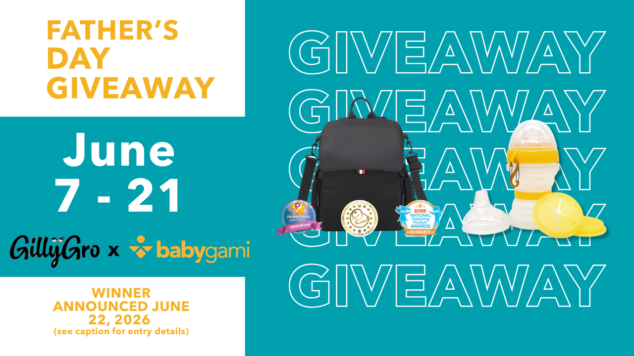 Father's Day Giveaway promotional banner with GillyGro and BabyGami logos, featuring a baby bag and toy on a teal background.
