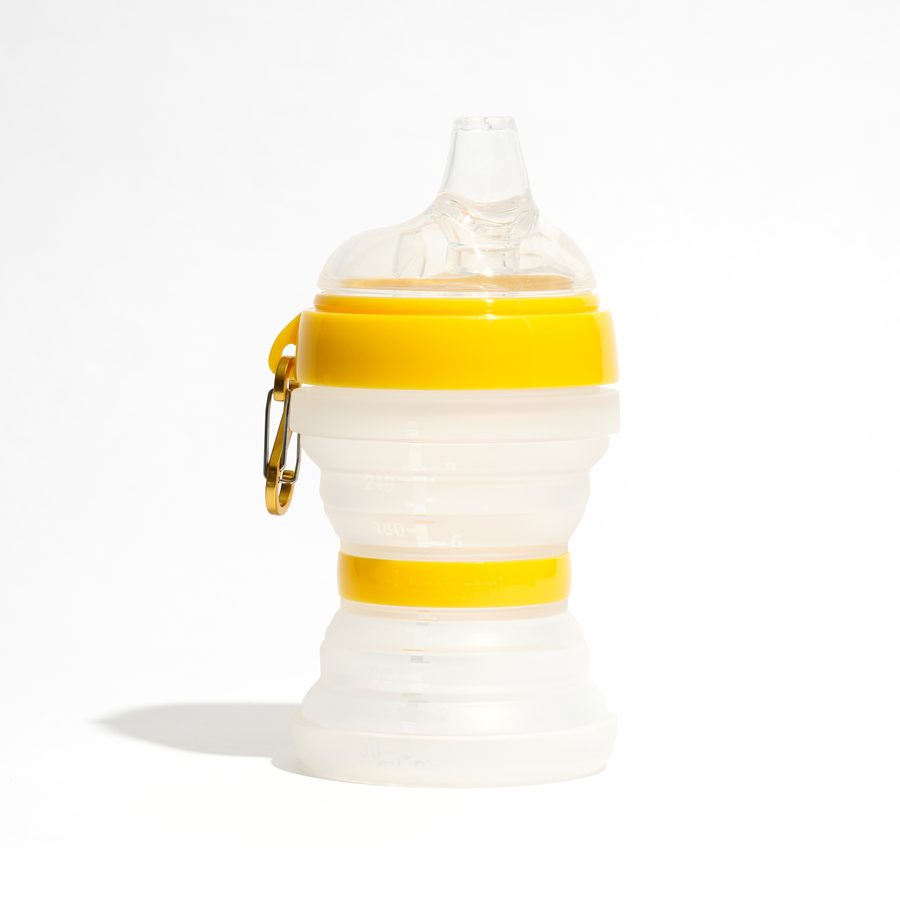 babygami bottle with the soft-spout sippy top and yellow ring